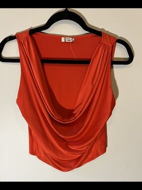 Red Draped Cowl Neck Women's Top